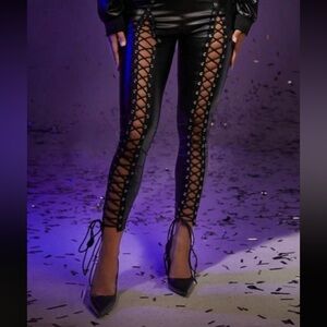 Sexy vegan leather lace up leggings